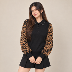 Leopard Print Sleeve Knit Top