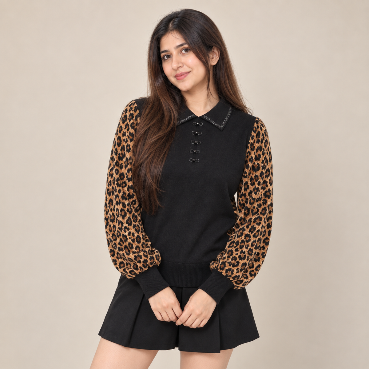 Leopard Print Sleeve Knit Top
