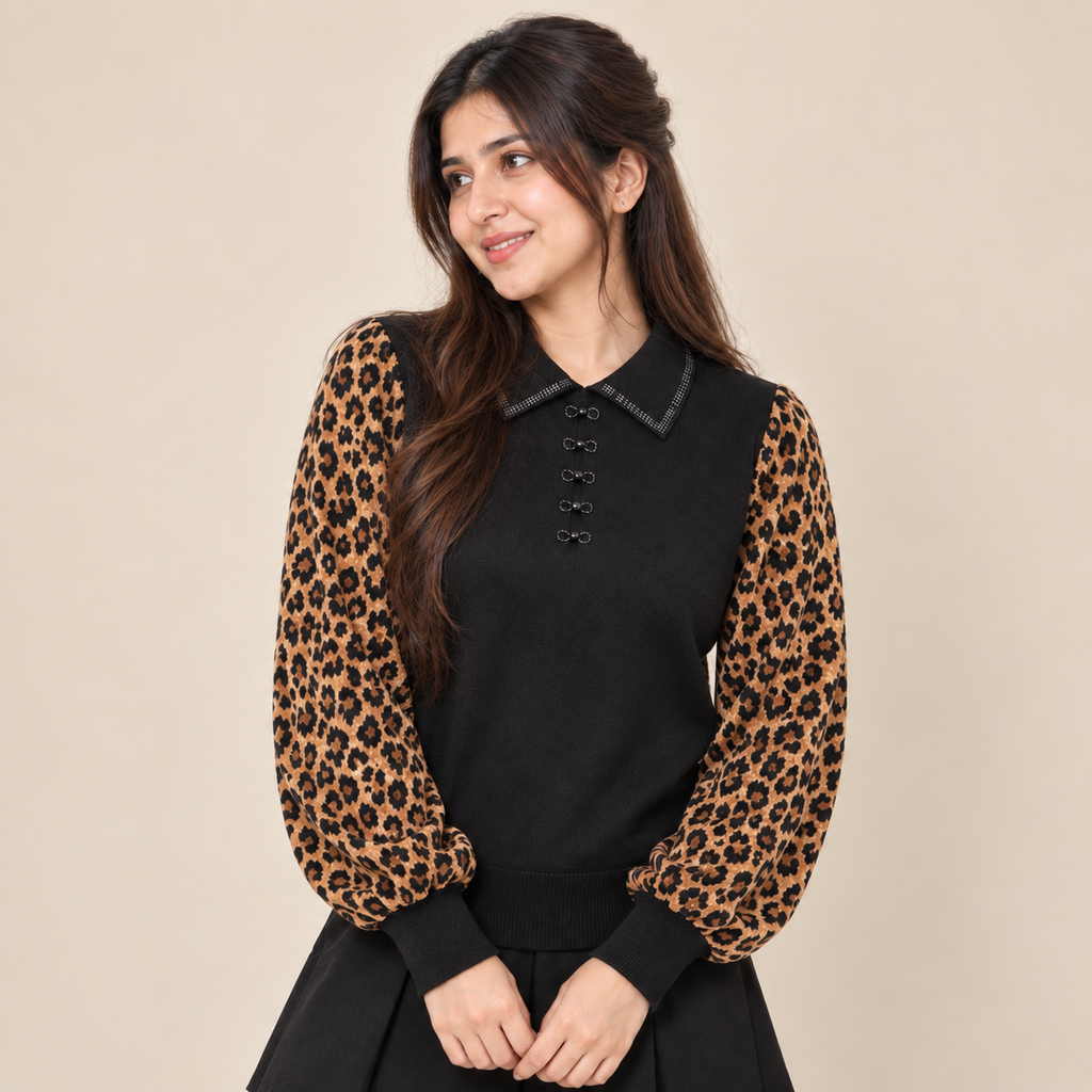 Leopard Print Sleeve Knit Top