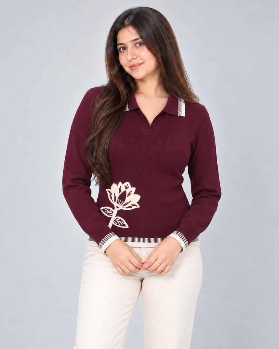 Floral Embroidered Polo Neck Knit Sweater