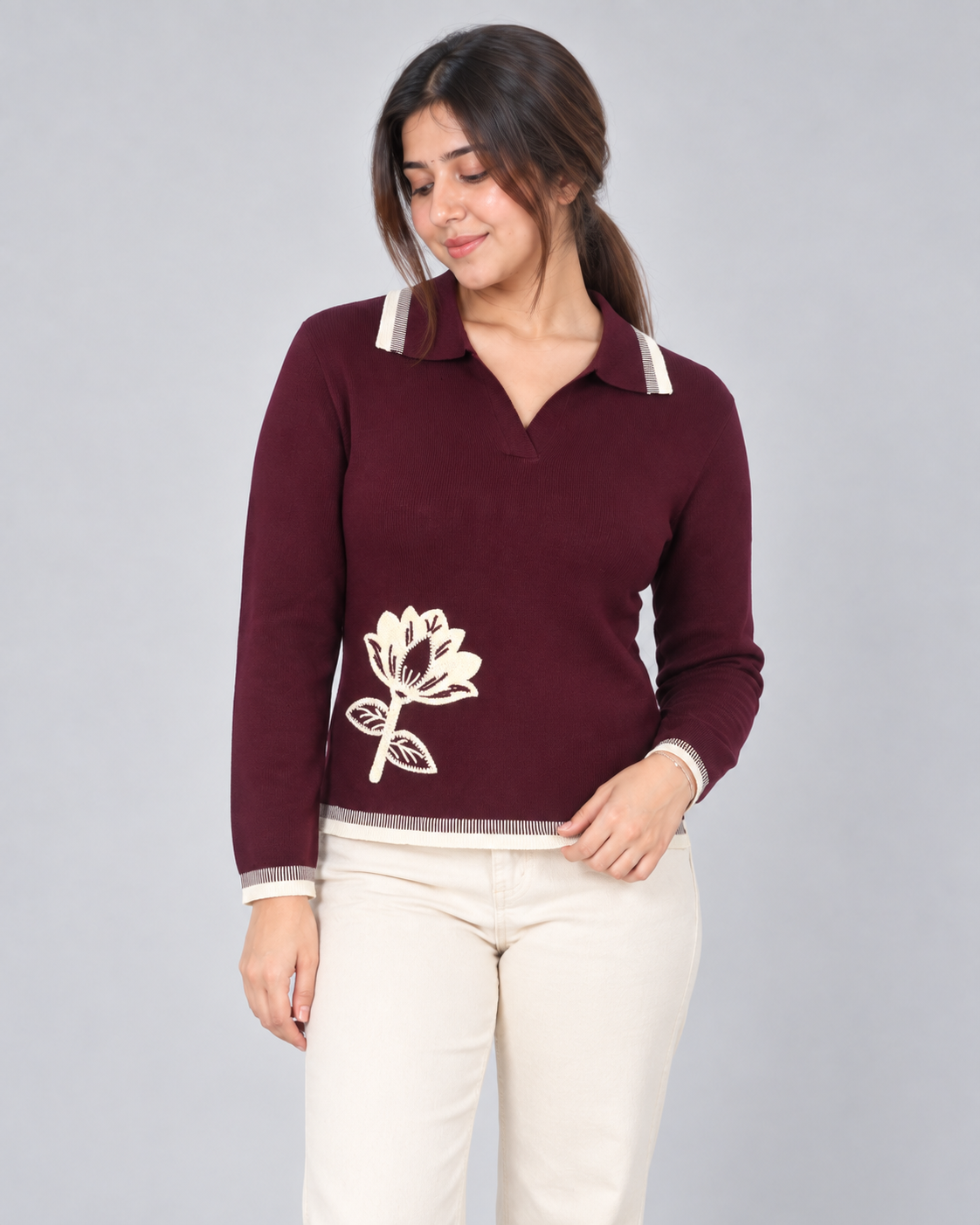 Floral Embroidered Polo Neck Knit Sweater
