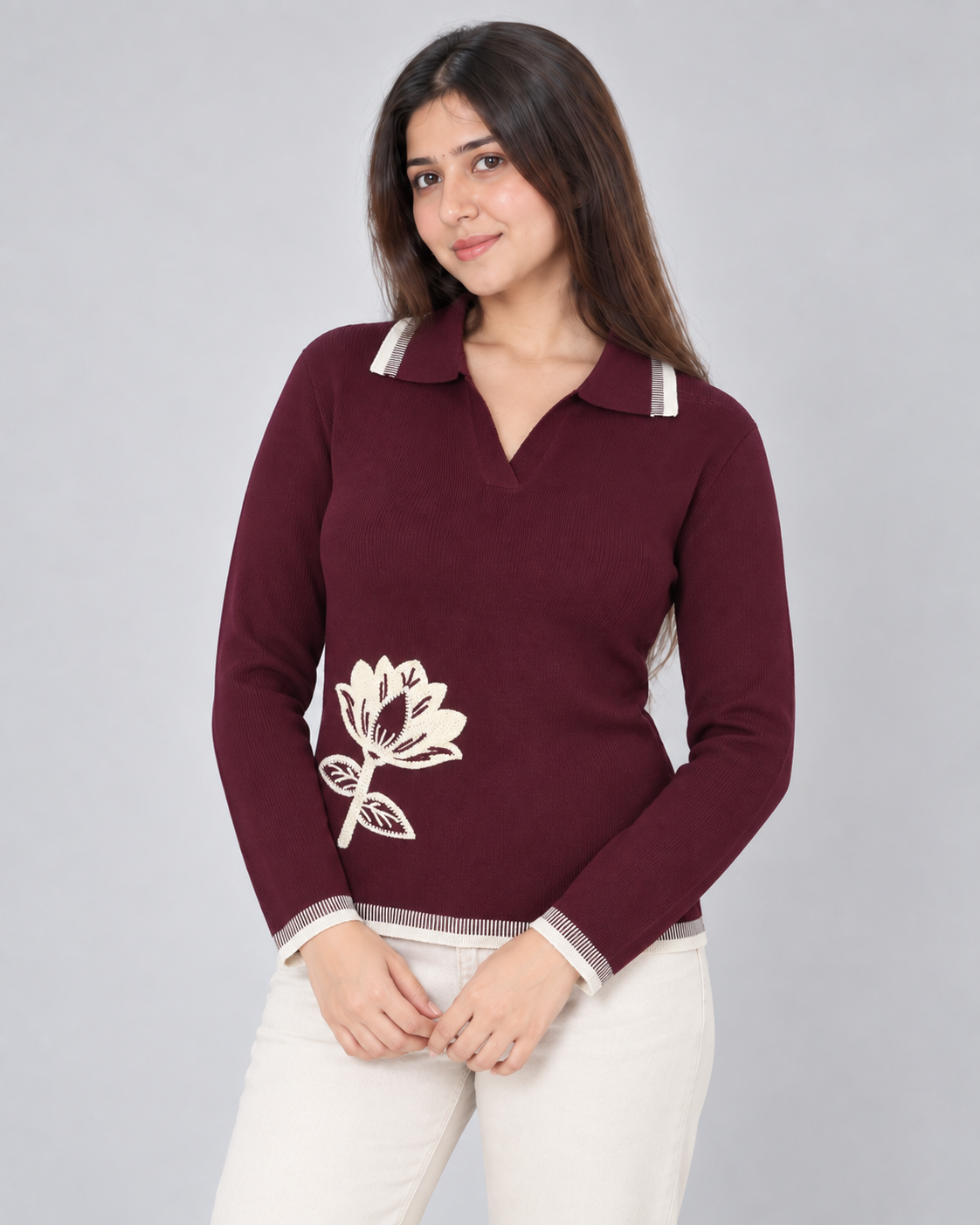 Floral Embroidered Polo Neck Knit Sweater