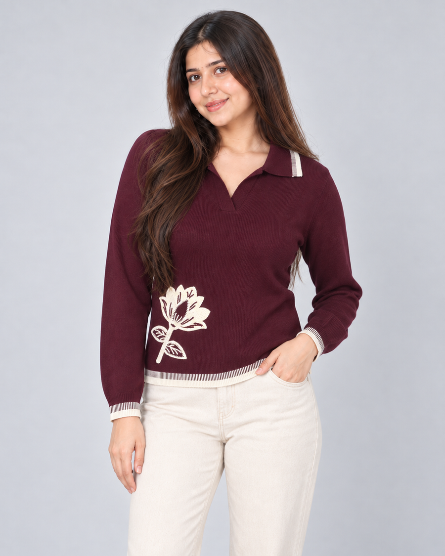 Floral Embroidered Polo Neck Knit Sweater