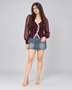 Jewel Button Sheer Sleeve Knit Top - Wine/Maroon - Full Length Front View
