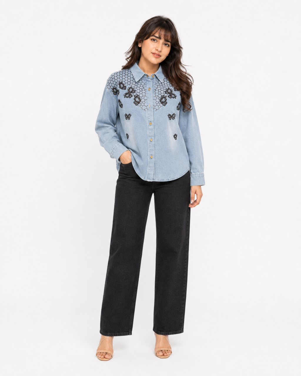 Front view of butterfly embroidered denim shirt