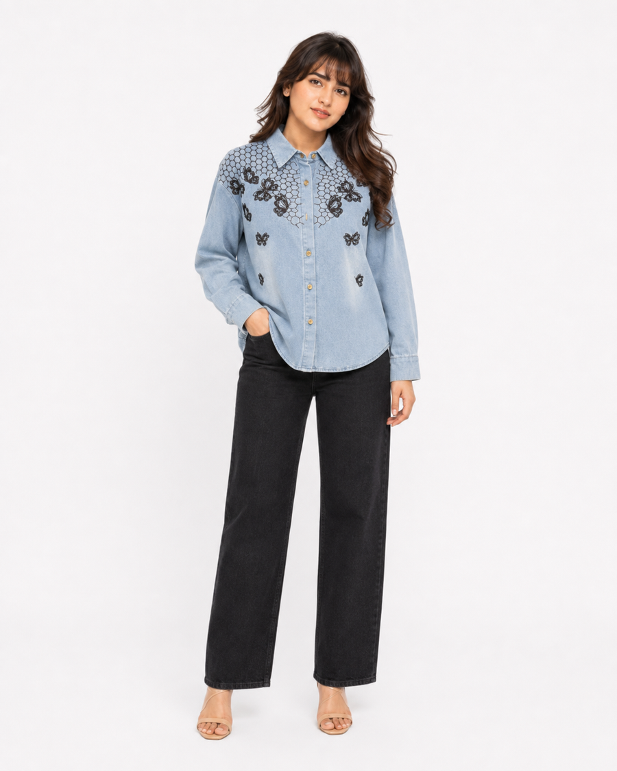 Front view of butterfly embroidered denim shirt