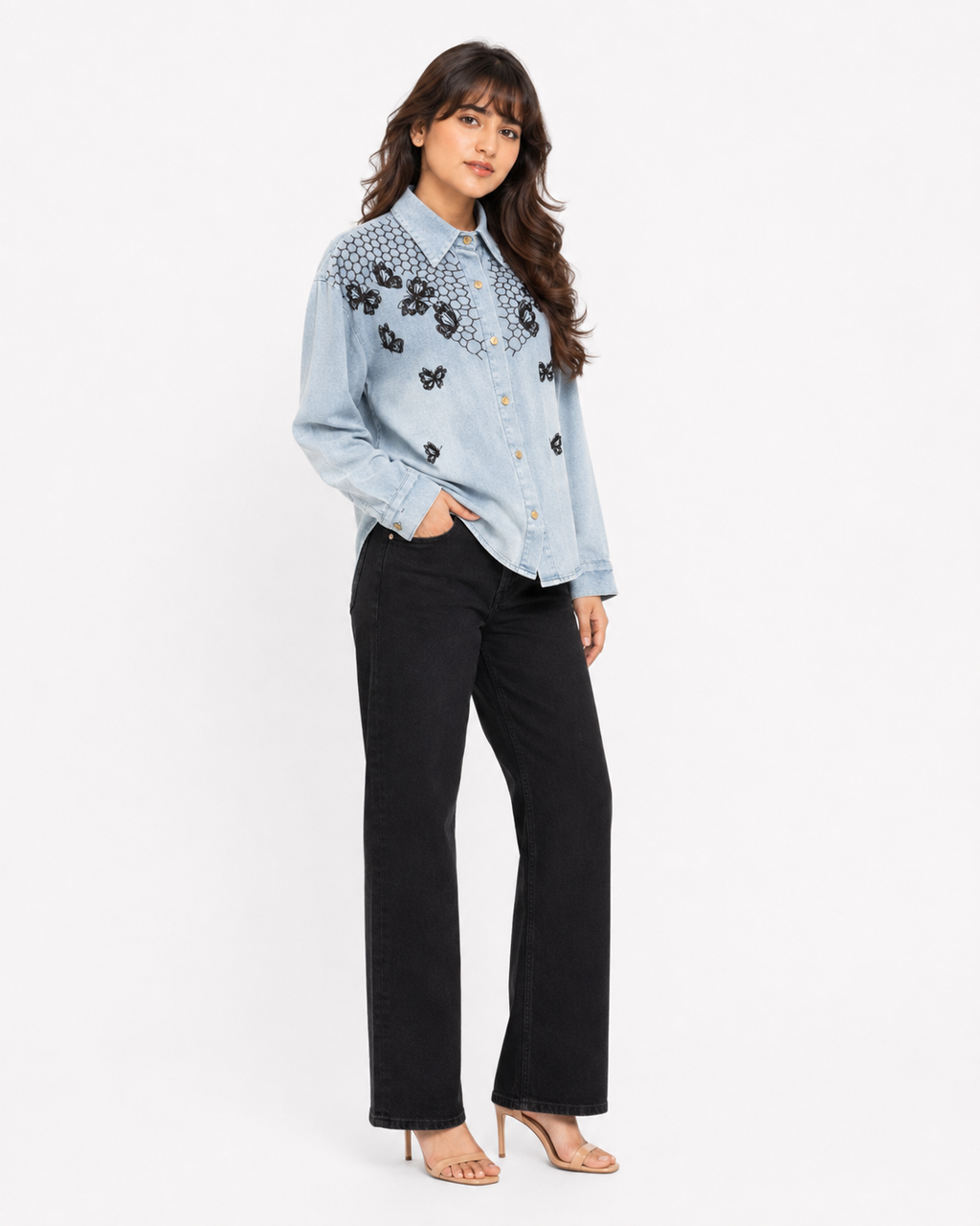 Back view of butterfly embroidered denim shirt
