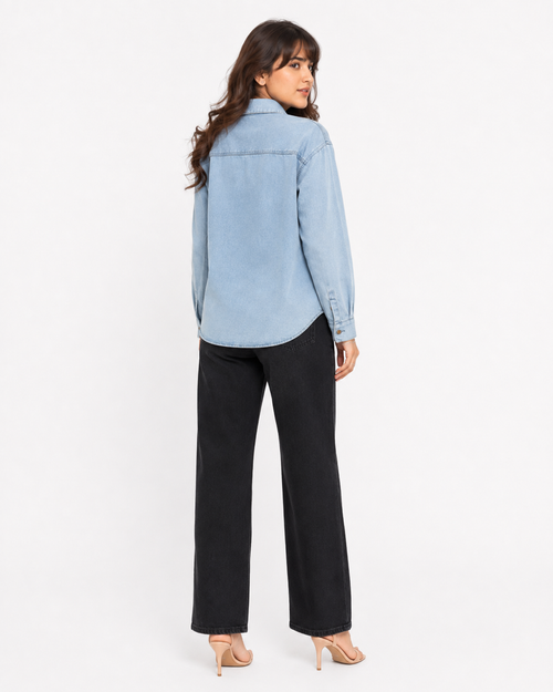 Side view of butterfly embroidered denim shirt