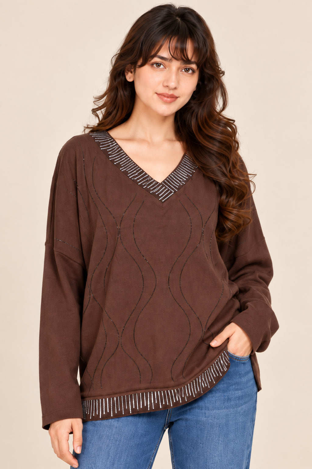 Cocoa Cable V-Neck Knit