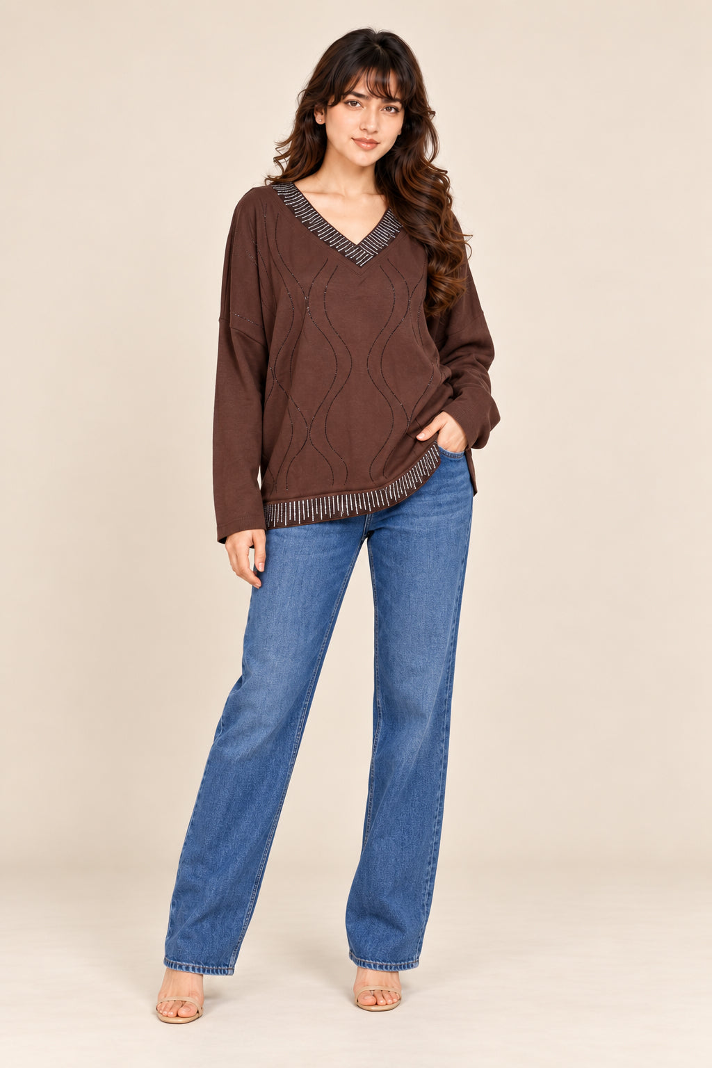 Cocoa Cable V-Neck Knit
